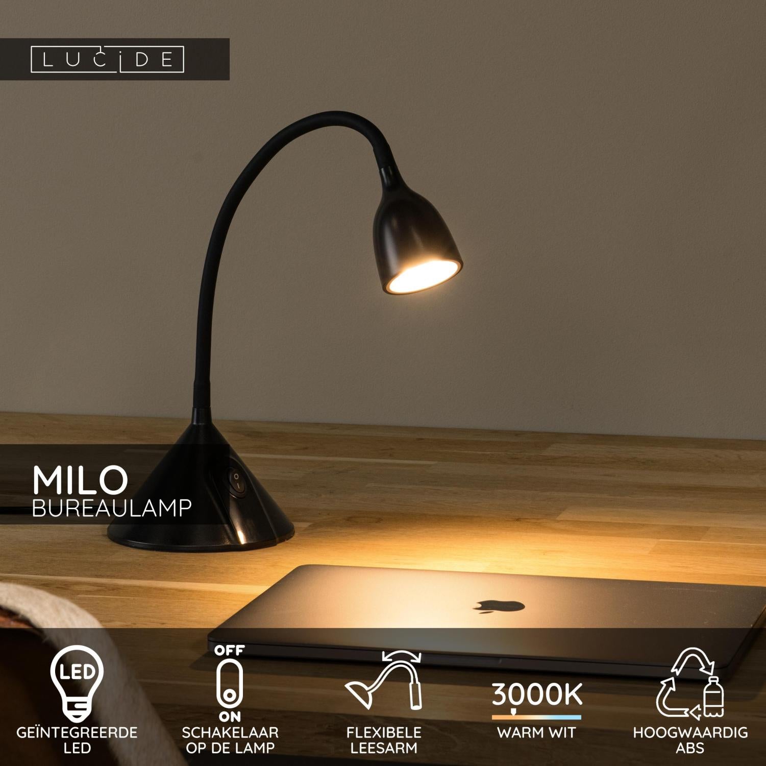 Lucide MILO Bureaulamp - Zwart