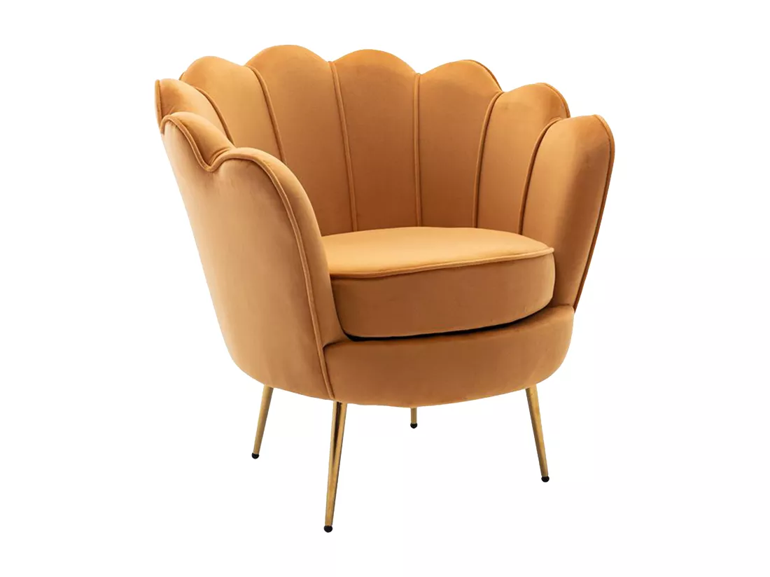 Fauteuil coquillage en velours jaune moutarde DANDELION de Pascal Morabito