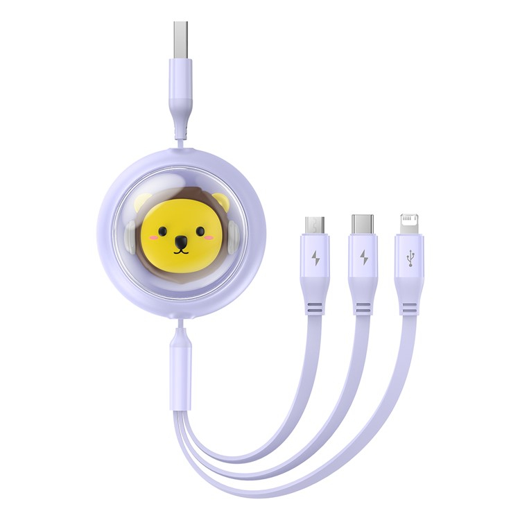 (1.1m) 3.5A 3in1 USB A auf USB C / Lightning / Micro USB Ladekabel Ausziehbares Datenkabel Löwe Design - Lila