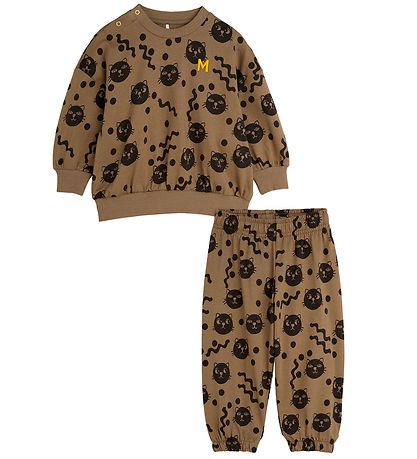 Mini Rodini Babyset - Squiggly Cats AOP - Brown