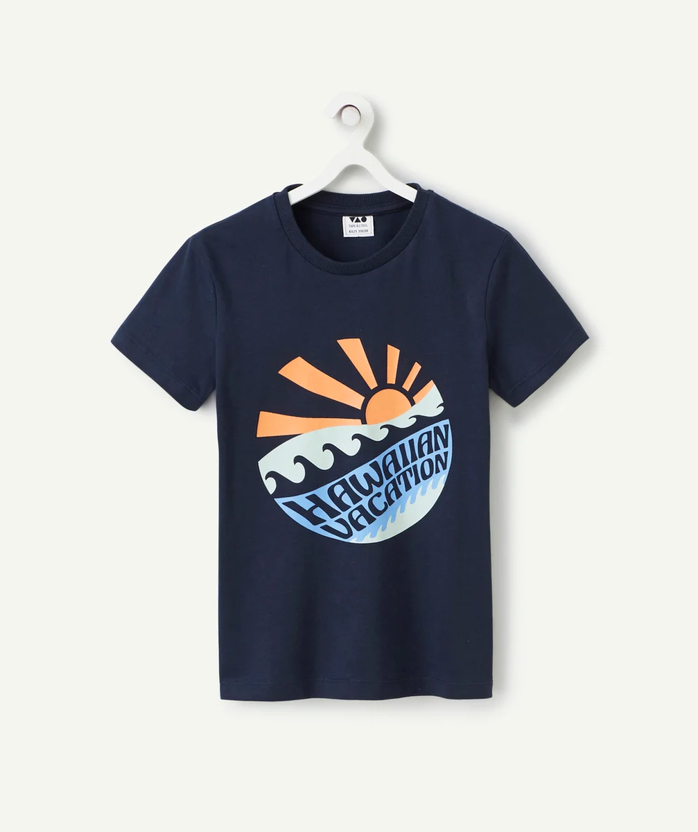 t-shirt manches courtes garçon en coton bio bleu thème vacances