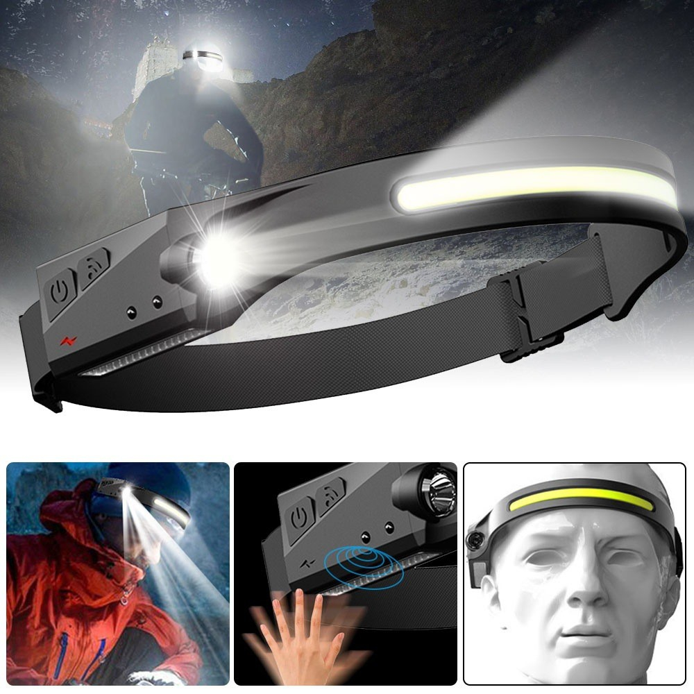Running Stirnlampe COB LED Kopflampe IPX6 mit 4 Leuchtmodis und Gestensteuerung zum Wandern / Joggen / Radfahren (350 Lumen) - Schwarz