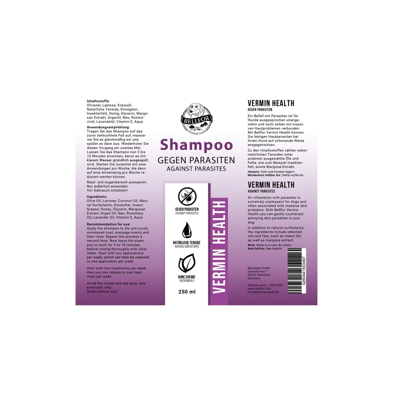 Bellfor Hundeshampoo Vermin Health gegen Hautparasiten beim Hund - 250ml