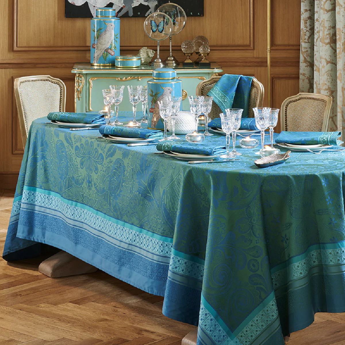 Nappe antitache déperlant pur coton bleu 174X364 Garnier Thiebaut