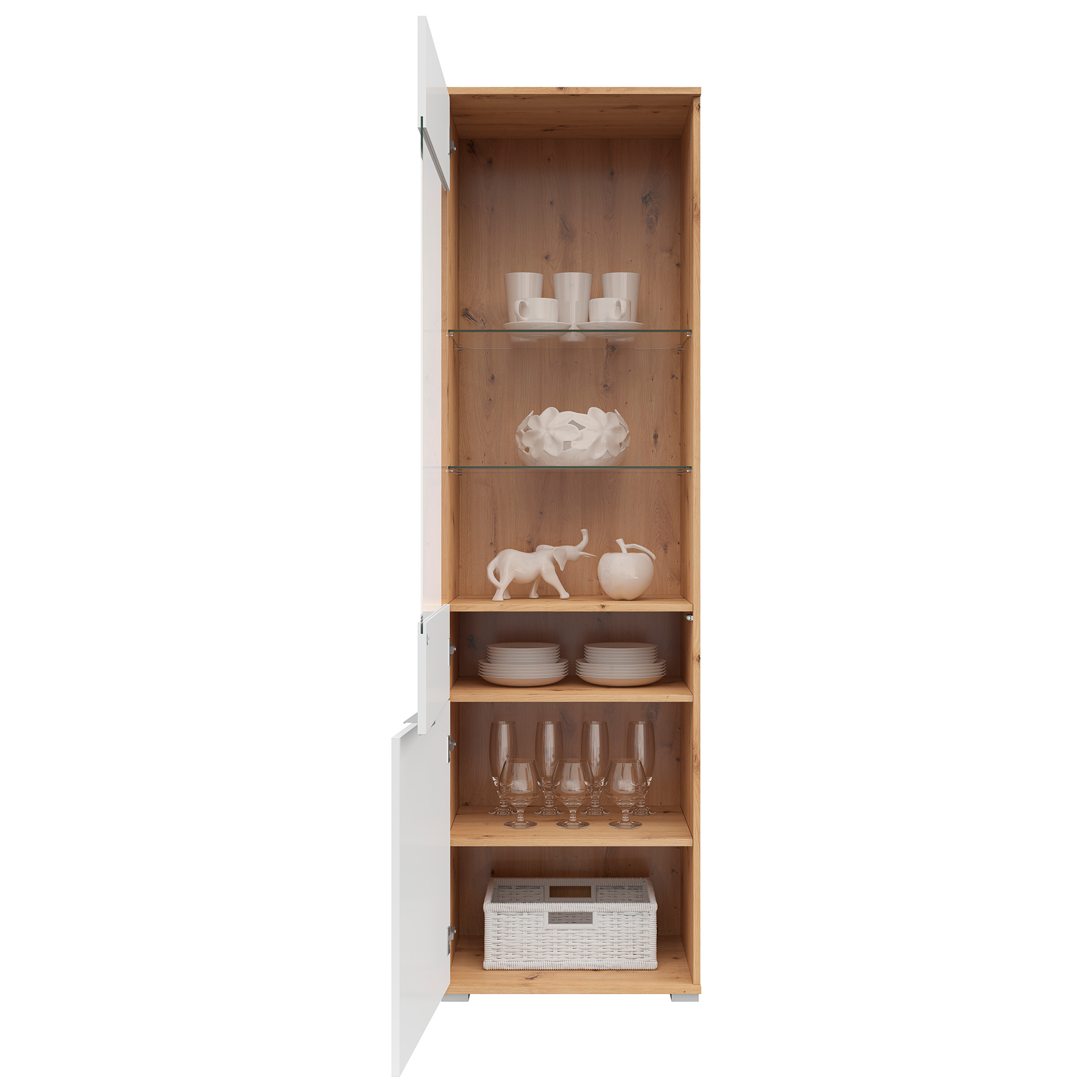 Standvitrine - weiß Glanz - Artisan Eiche - 195 cm hoch