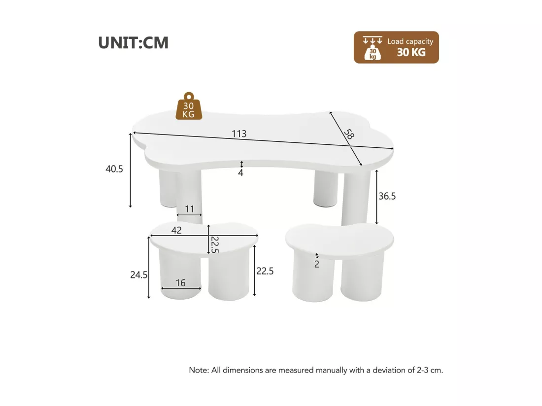Table basse asymétrique avec 2 tabourets - en MDF + pieds en PVC - 113x58x40.5cm - Blanc