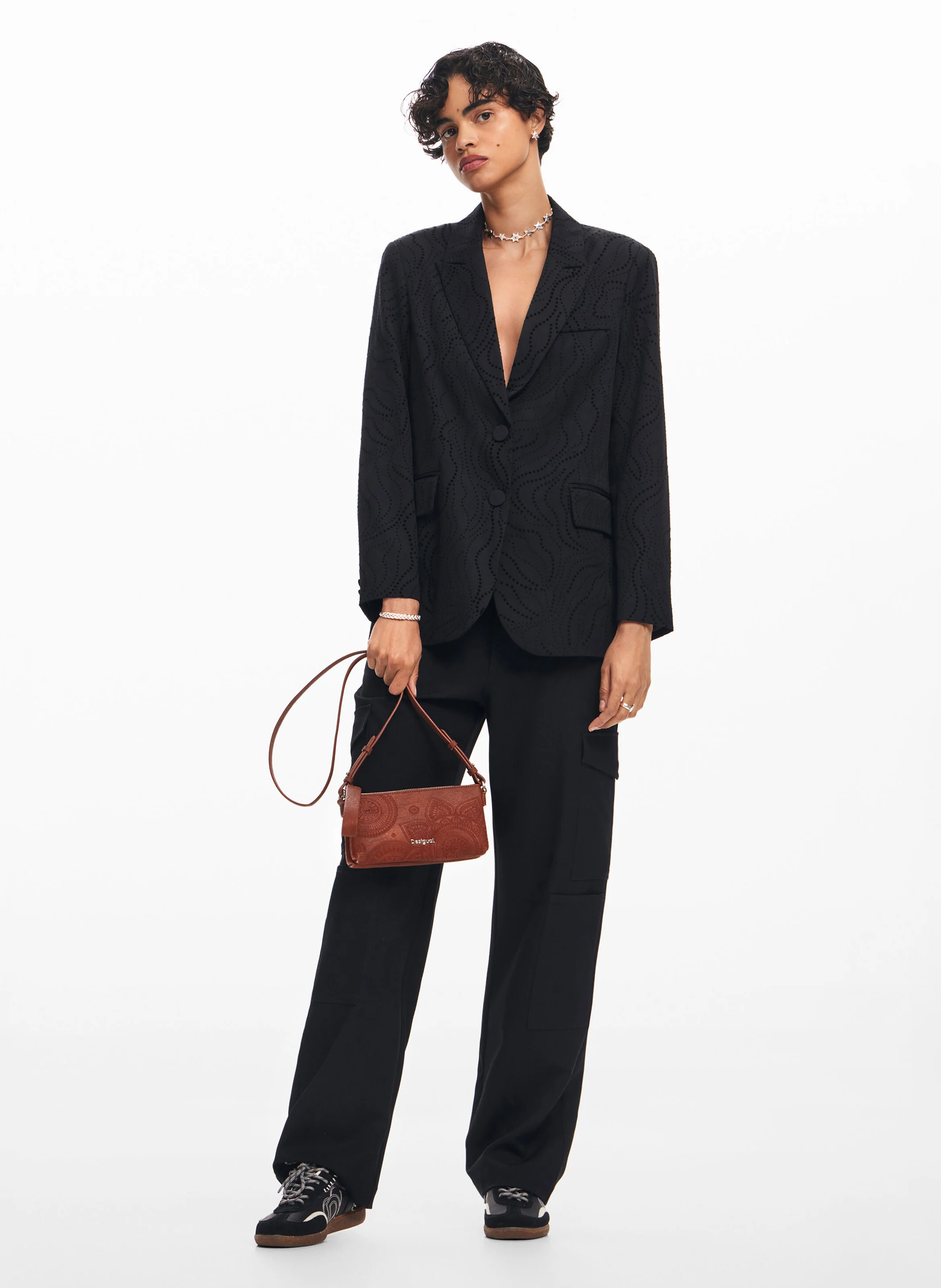 Sac bandoulière brodé effet cuir | Marron