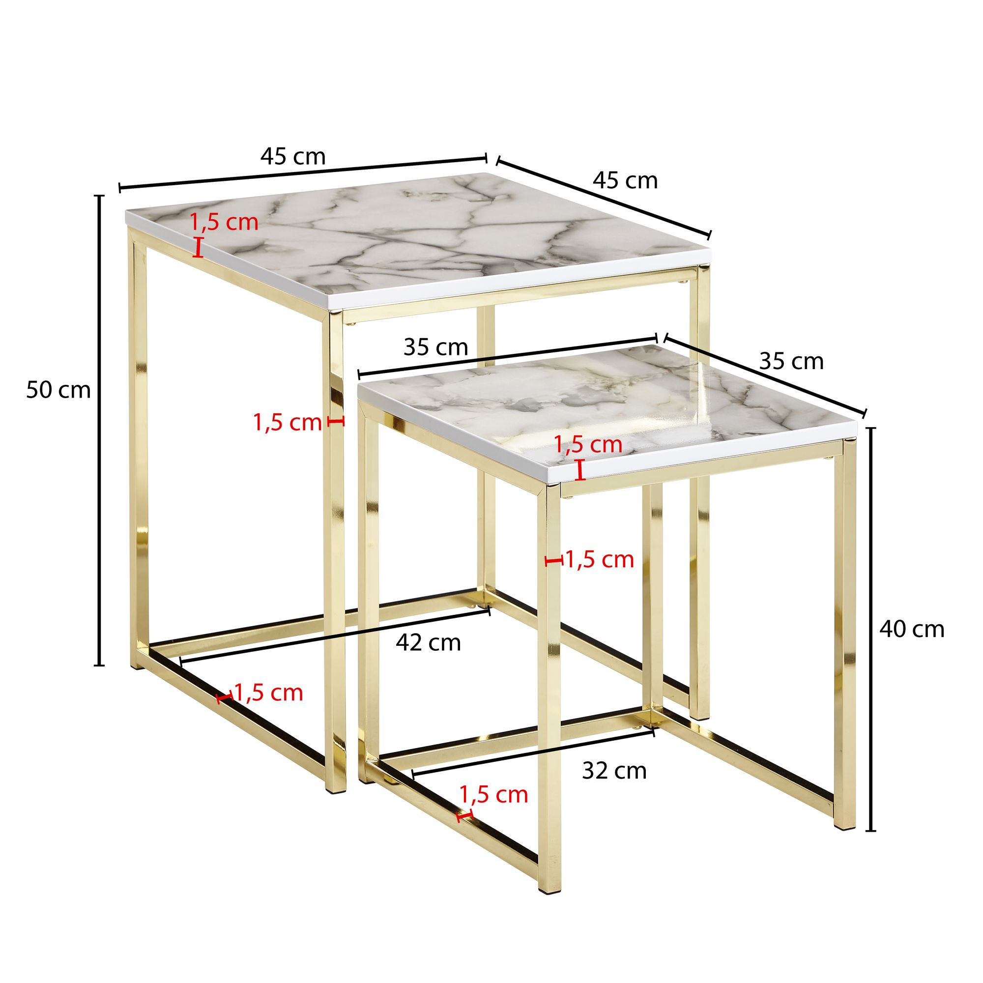 KADIMA DESIGN Beistelltisch Set in Marmor-Optik und goldener Farbe, Moderne und stilvolle Wohnzimmermöbel, 2 Größen, Robustes Metallgestell