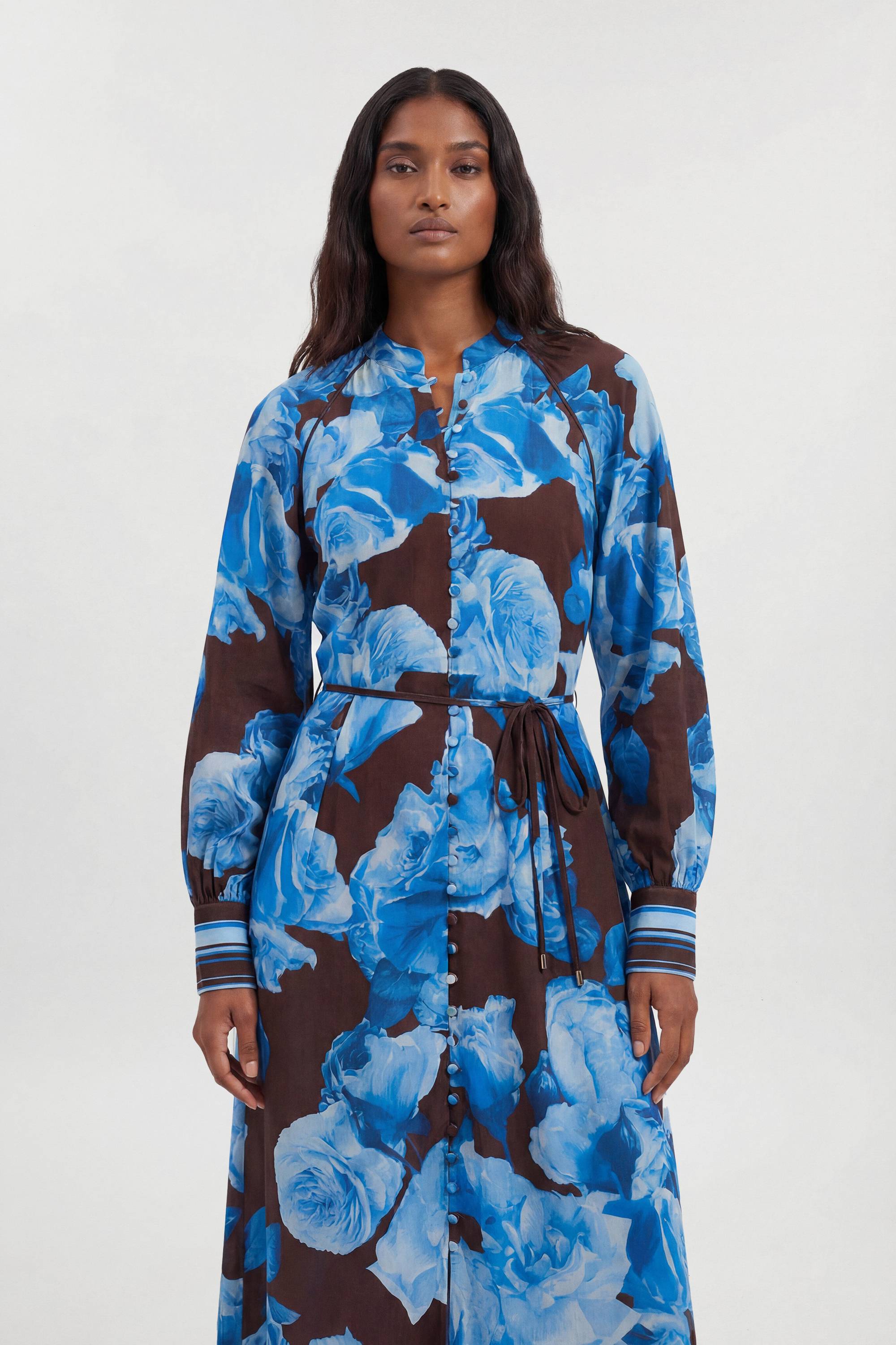 KarenMillen Robe Chemise Midi En Viscose Tissée À Rayures Contrastées Et Imprimé Floral Bleu