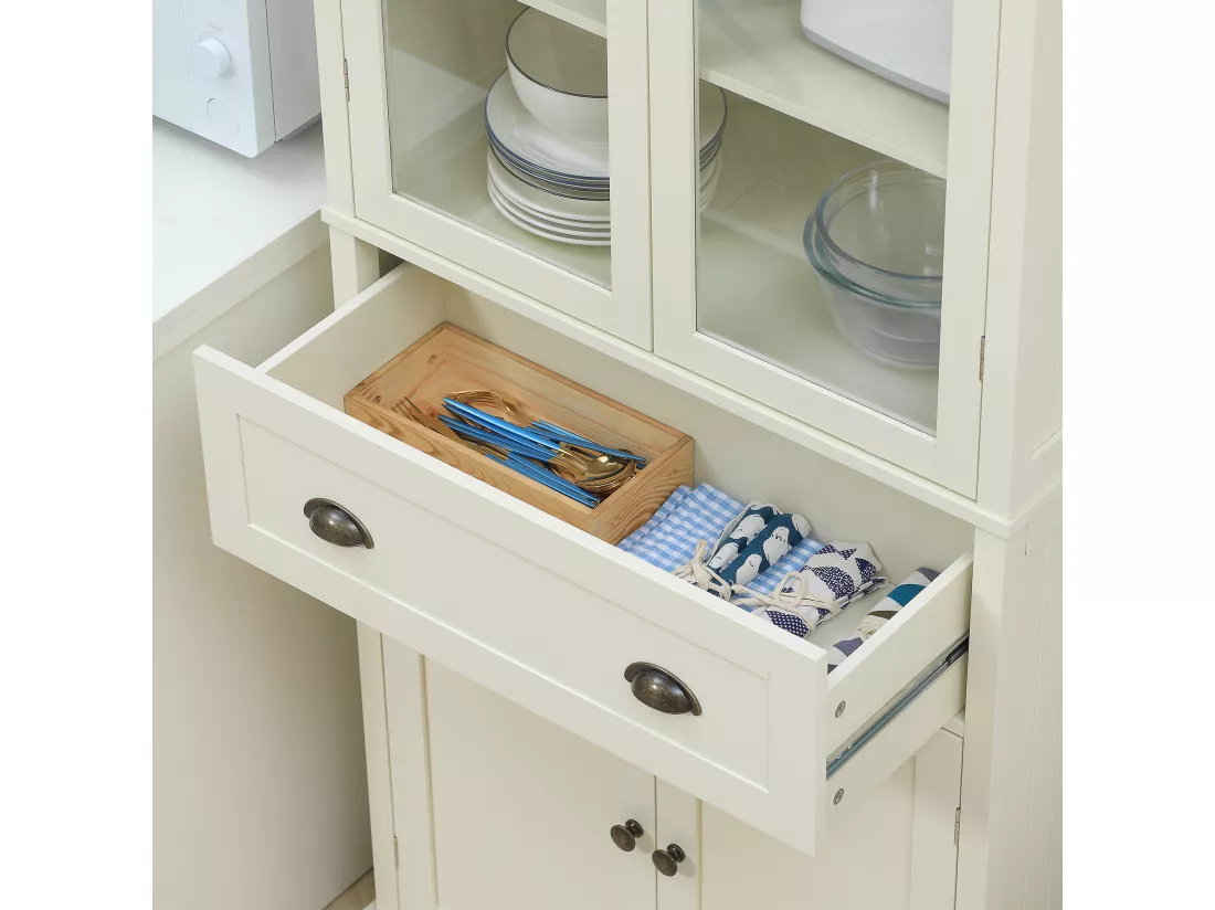 Armoire de cuisine buffet haut 4 portes grand tiroir coulissant dim. 76L x 40l x 182H cm panneaux crème verre