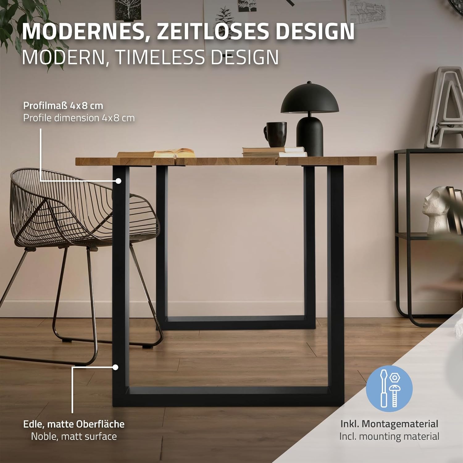 ML-Design 2er Set Tischgestell 70 x 74 cm in U-Form, Metall, Schwarz, Industrial-Design, Verstellbarer Bodenschutz, Kufengestell für Esstische & Schreibtische, Tischbeine Tischkufen für DIY-Projekte
