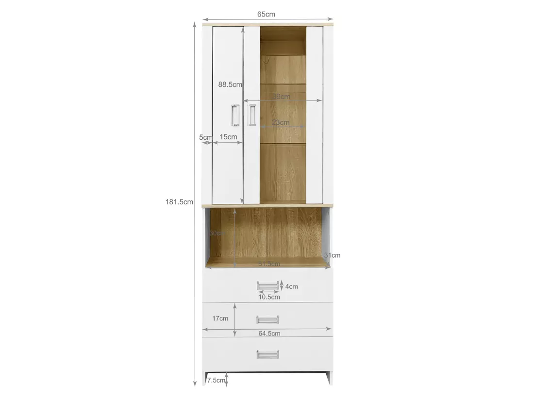 Vitrine avec 2 portes, 3 tiroirs et un compartiment - 65 x 35 x 181.5 cm - LEDs - MDF et Panneau de particules - Blanc