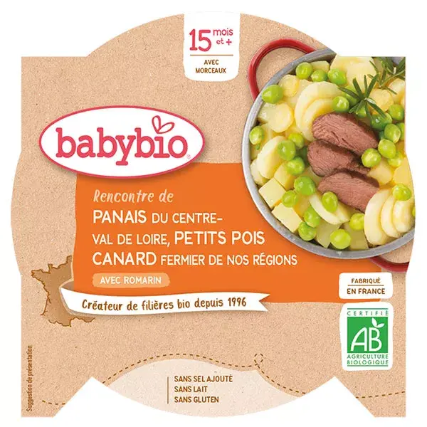 Prato de Almoço Babybio com Pastinaca, Ervilhas e Pato (+15 meses) - Orgânico - 260g