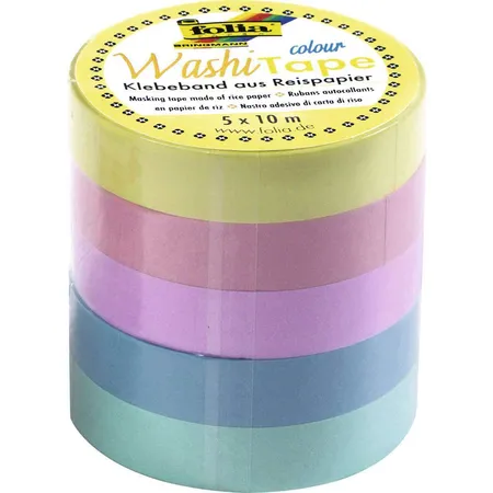 Folia Washi Tape, Klebeband aus Reispapier, Pastell, 5er Set, 10 m x 10 mm