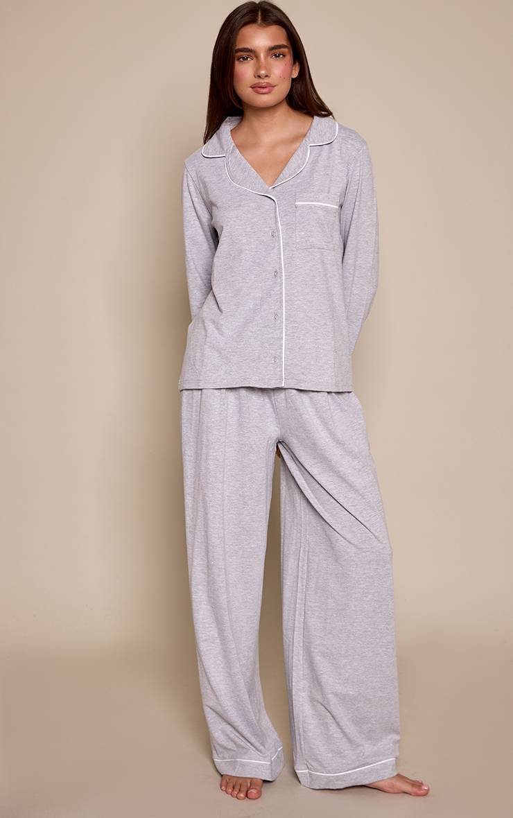 Gris Chiné Ensemble Pyjama Haut Manches Longues Et Pantalon En Jersey Doux Avec Passepoil