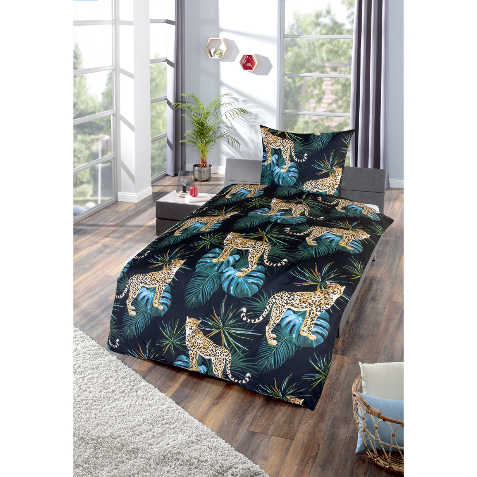 Microfaser-Bettwäsche - schwarz-grün-beige - Gepard - 135x200 cm