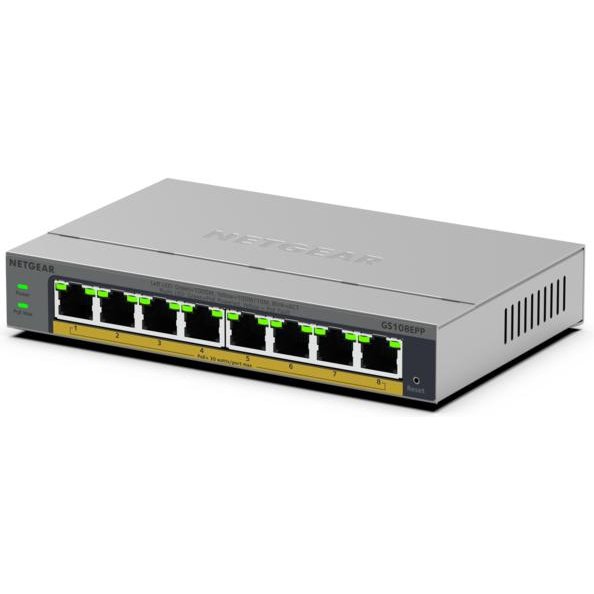 NETGEAR GS108EPP Non-géré Gigabit Ethernet (10/100/1000) Connexion Ethernet, supportant l'alimentation via ce port (PoE) Montage sur le bureau ou sur le mur Gris