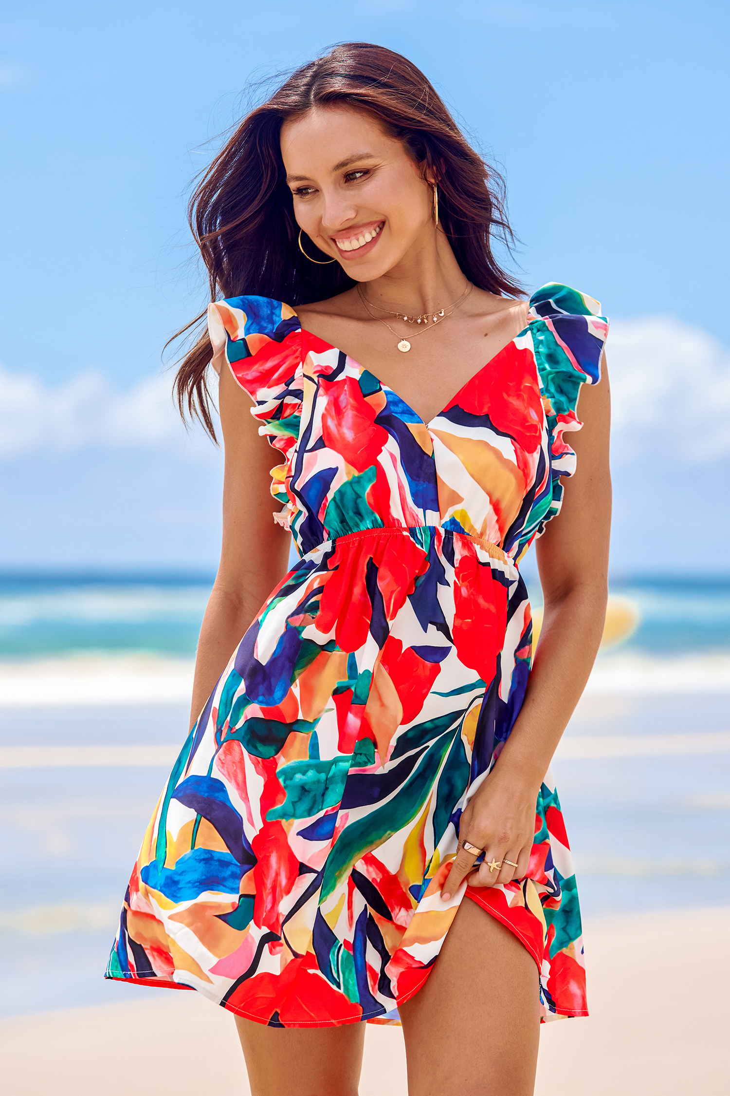 Robe mini avec col en V à volants et fleurs multicolore