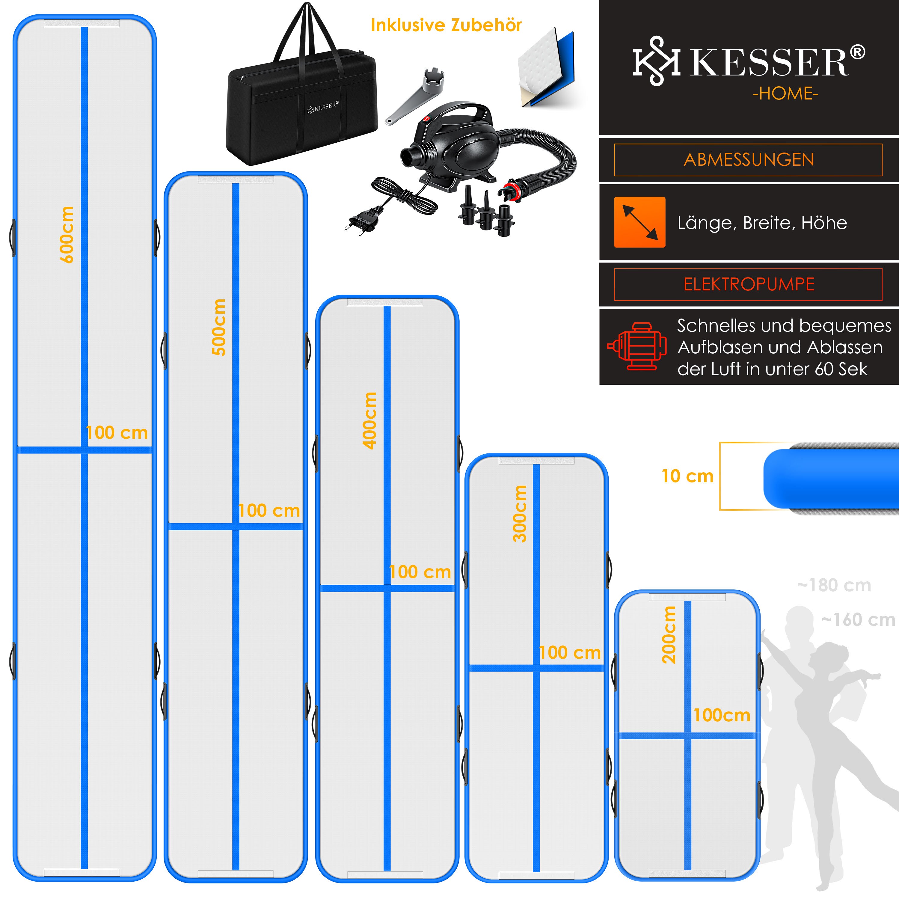 KESSER® Turnmatte Aufblasbar Airtrack Fitness-Matte Gymnastikmatte 3/4/5/6m | inkl. Tragetasche & elektr. Luftpumpe | Yogamatte, Tumbling Matten , Trainingsmatte Sportmatte Yoga, Turn- & Fitness