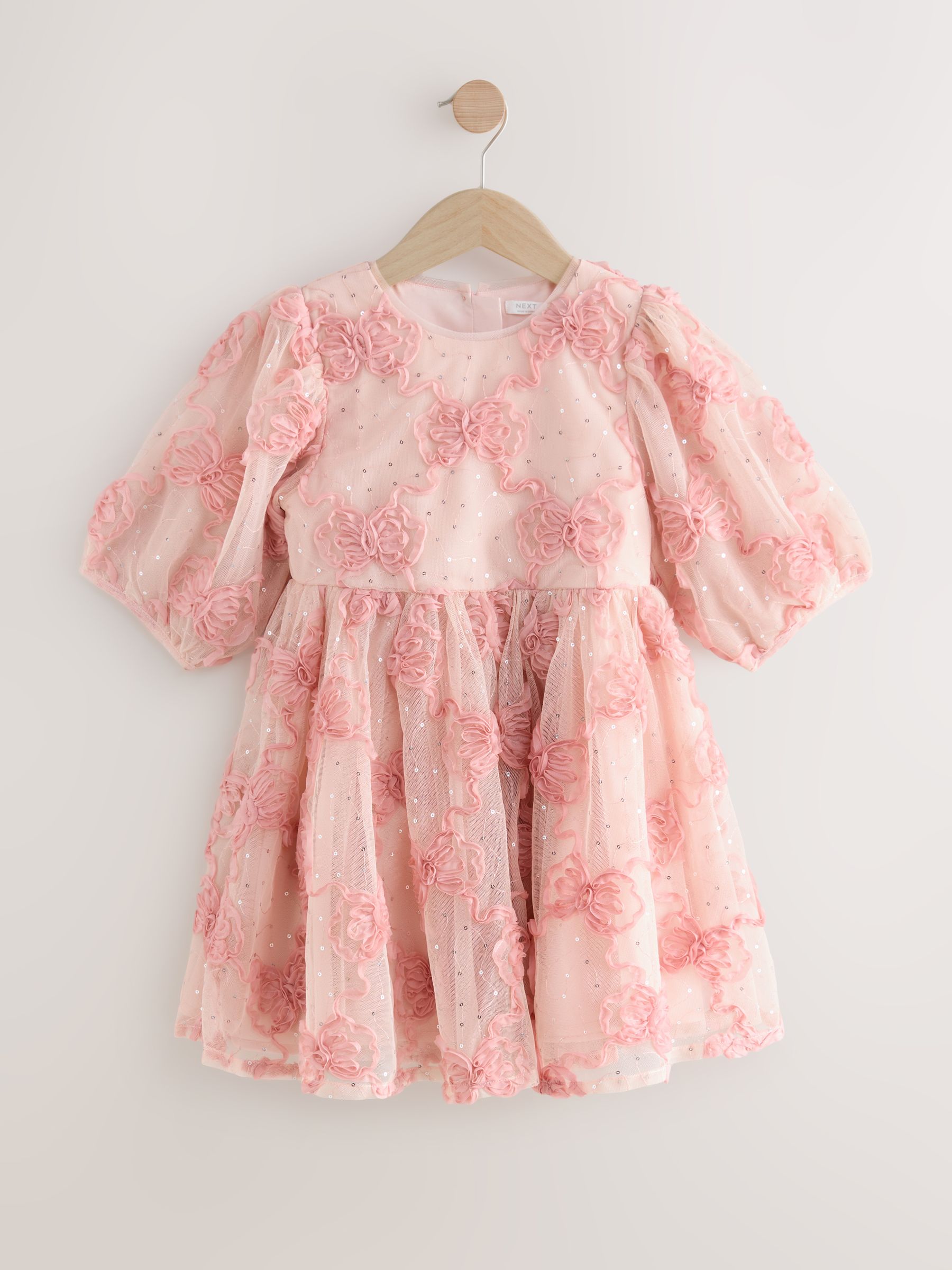 Roze - Jurk met mesh en strik (3-16jr)