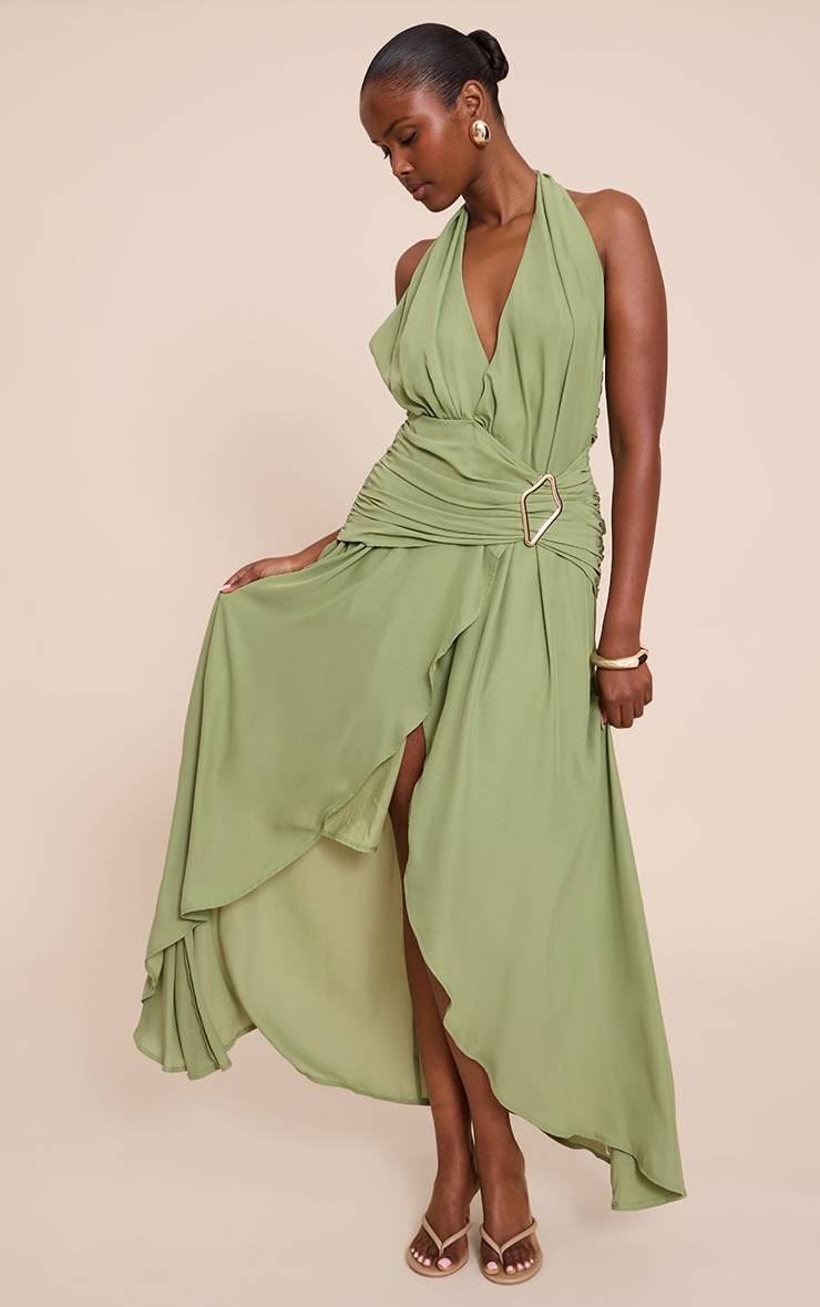 Vert Sauge Robe Longue En Mousseline À Décolleté Plongeant Avec Détails De Finition