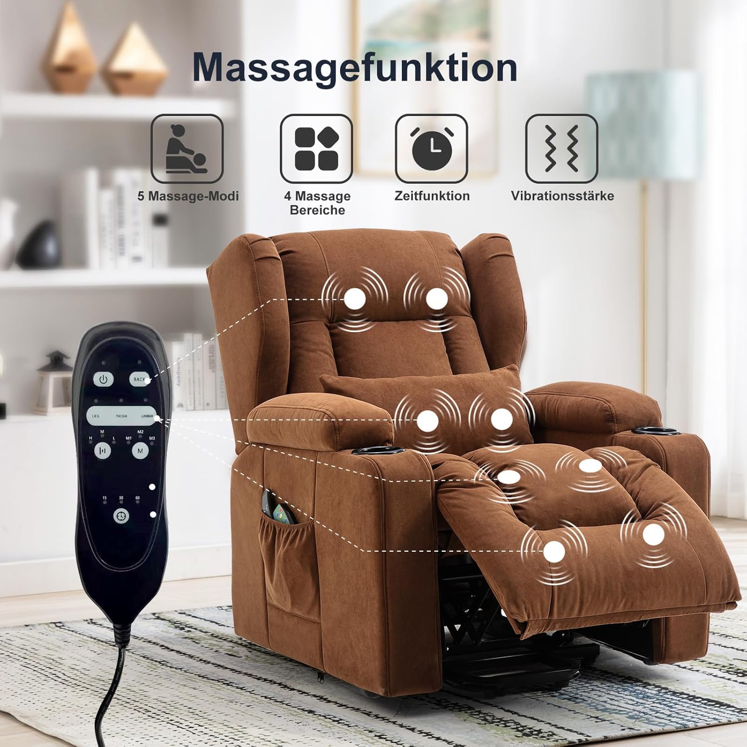 COMHOMA Elektrischer Relaxsessel, Wohnzimmer, Massage, TV, neigbar, Vibration, Stehfunktion, verstellbare Rückenlehne mit Fußstütze und Getränkehalter, brauner Stoff