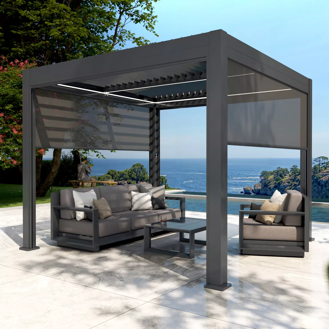 Pergola bioclimatique Autoportée motorisée aluminium et LED (3 x 3 m) Gris anthracite