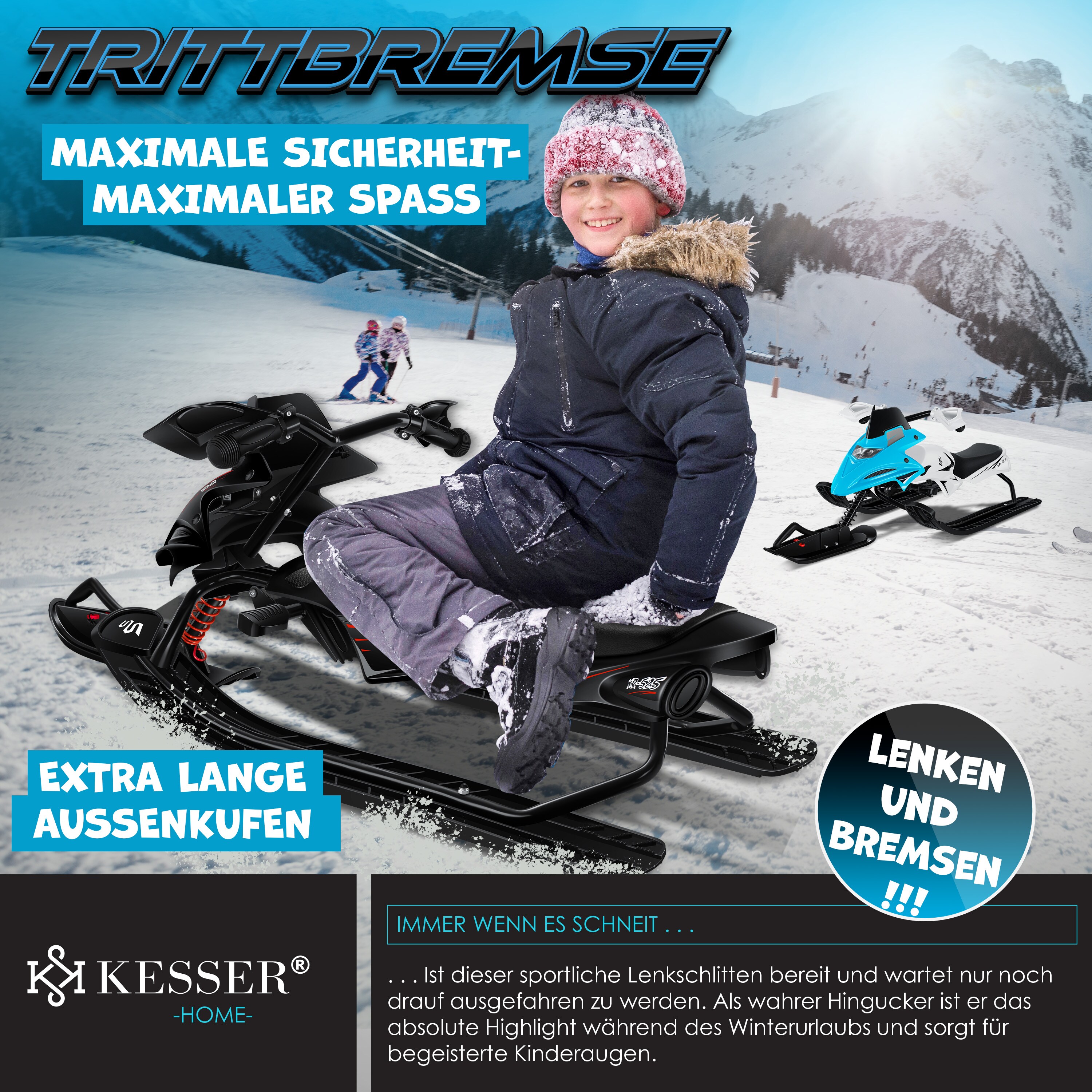 KESSER® Lenkschlitten mit 2 Fußbremsen | Automatisches Zugseil | Federung | Kufenlenkung | Bob Kinderschlitten Rodel Schlitten | Skiboblenkschlitten |