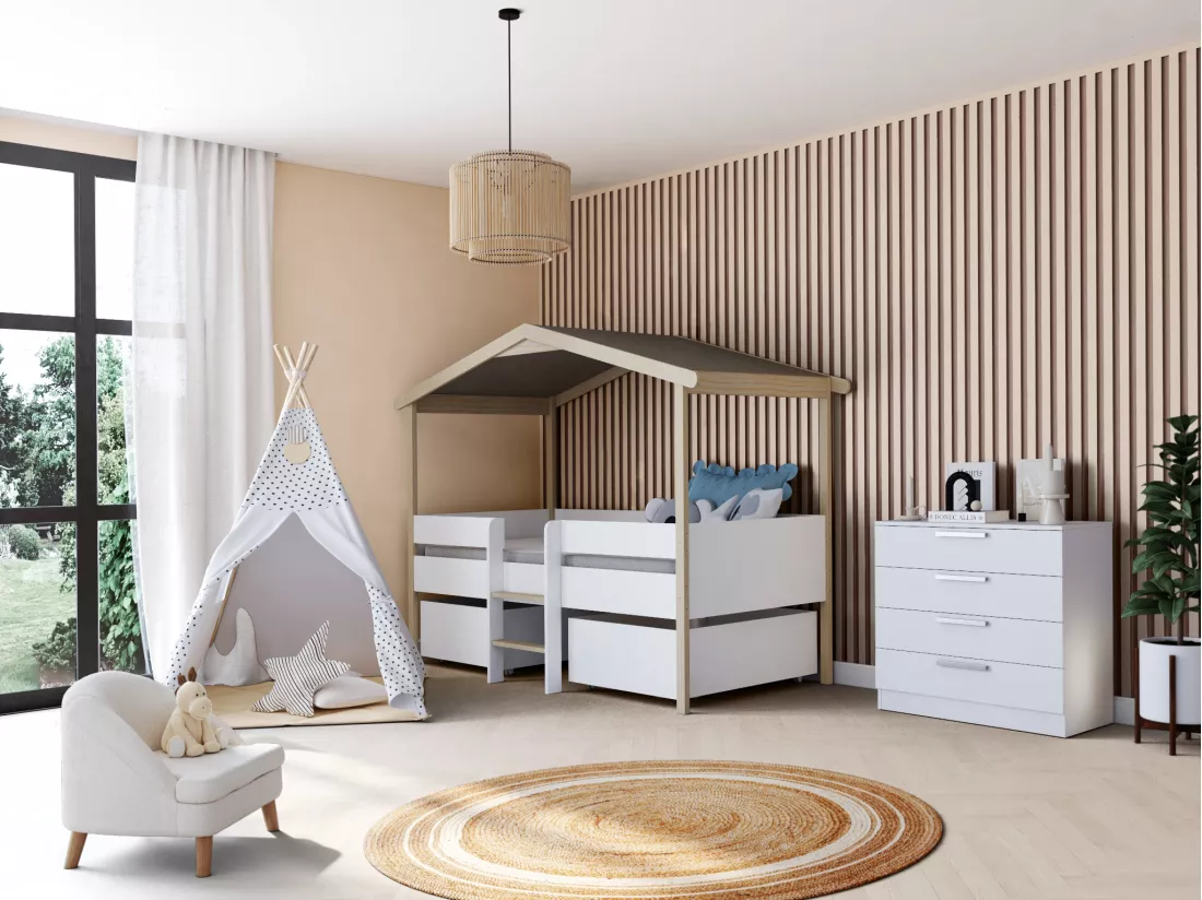Lit cabane SAROSI avec tiroirs - 90 x 190 cm - Tilleul - Blanc et chêne + matelas