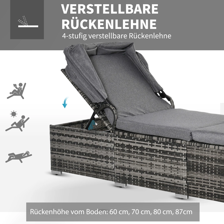 Outsunny Rattan Liege mit Sonnendach grau