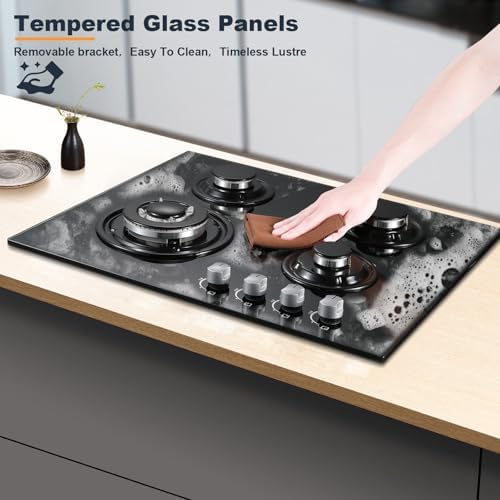 TopStrong Plaque de Cuisson Gaz 4 Feux, 60cm Plaque Gaz 4 Feux avec Sécurité Thermocouple, Cuisinière Encastrable, Naturel/Propane, 8060W, 220 240 V, Verre Noir : Gros électroménager