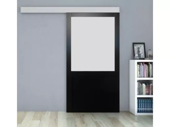 Porte Coulissant Athena Noir Vitree H204 X L83 + Rail Alu Gd Menuiseries