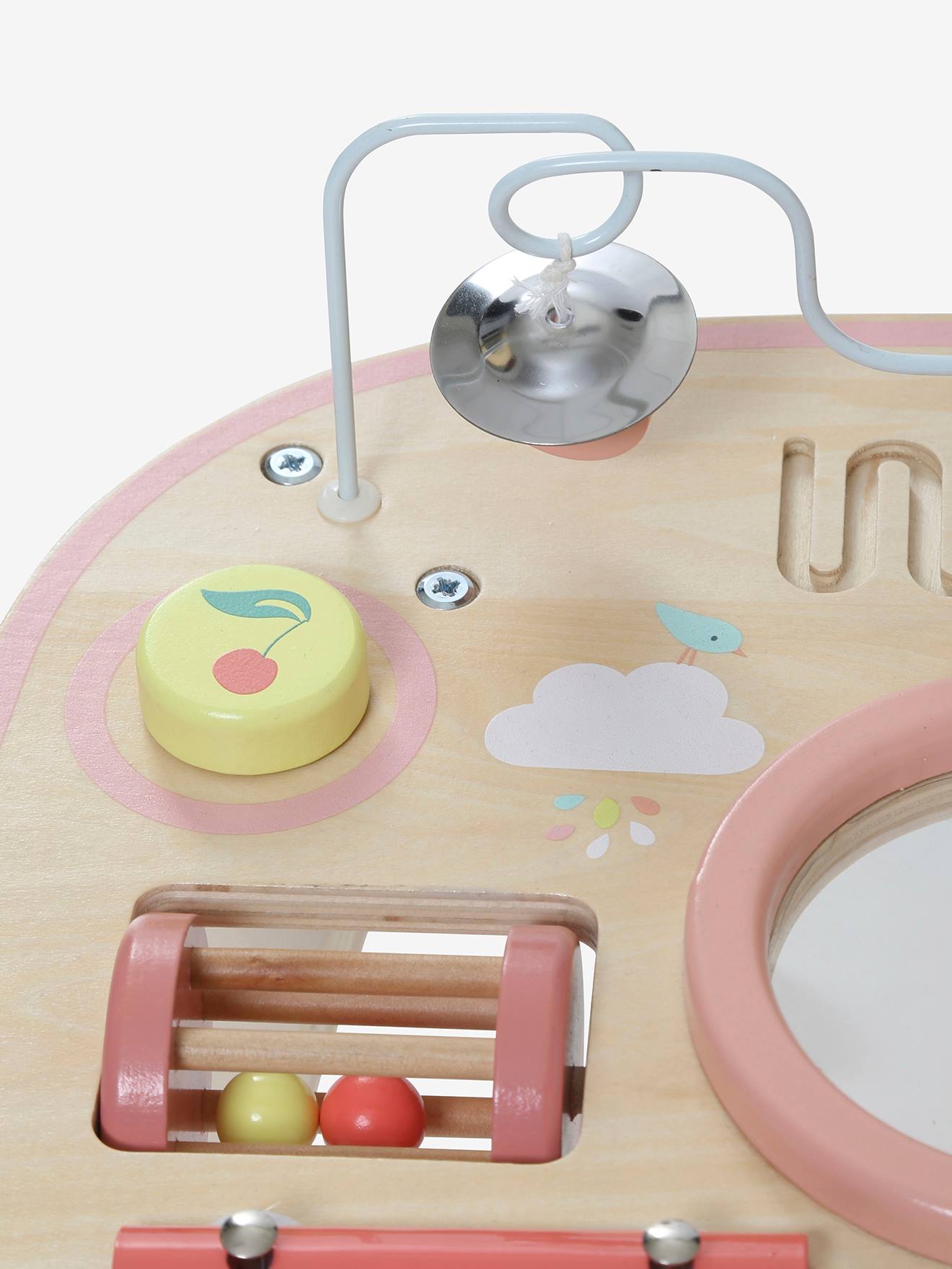 Mesa de atividades e estimulação musical em madeira certificada FSC®, rosa claro lisa com motivos.