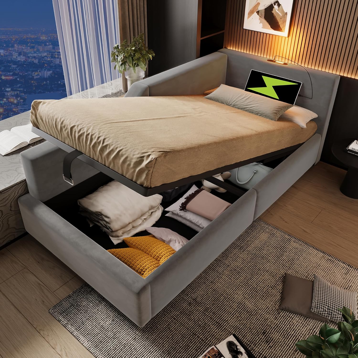 Polsterbett Tagesbett Daybett 90x190cm, Schlafsofa mit hydraulischem Stauraum, Leselichtfunktion und USB-C-Ladefunktion, Jugendbett Bettgestell, Samt (Grau, 90×190cm)