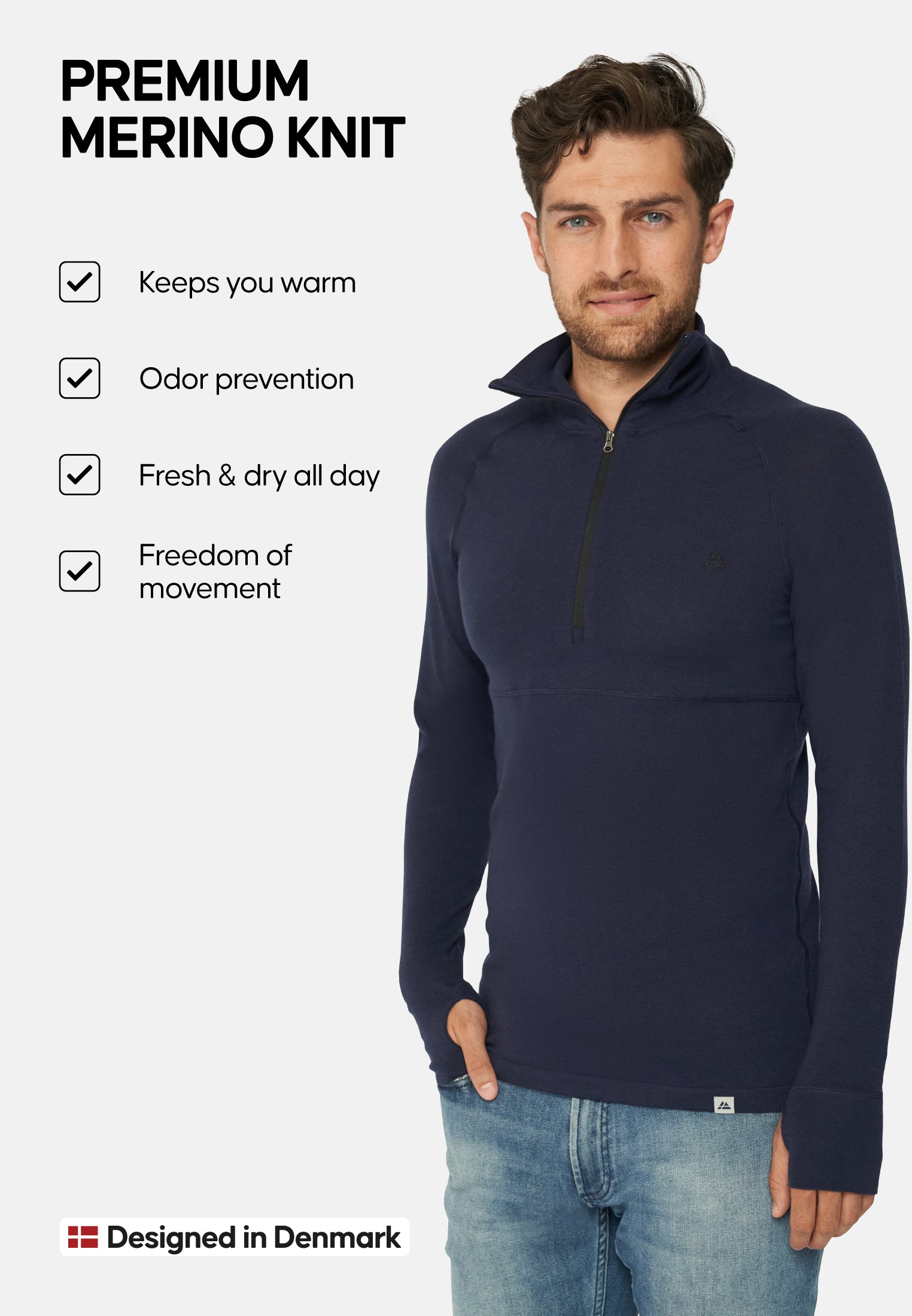 MERINOULD BASELAYER HALF-ZIP BLUSE TIL MÆND