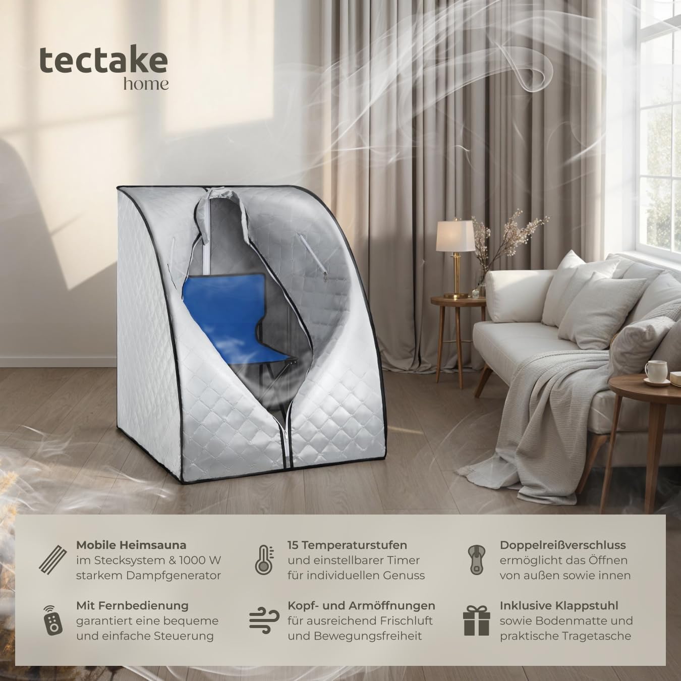 tectake® tragbare Dampfsauna für Zuhause mit 15 Temperaturmodi und Timer, Sauna Zelt für Zuhause, Zeltsauna mit Ofen/Dampfgenerator, Mini Sauna, Wellness für Zuhause, Heimsauna - Silbergrau