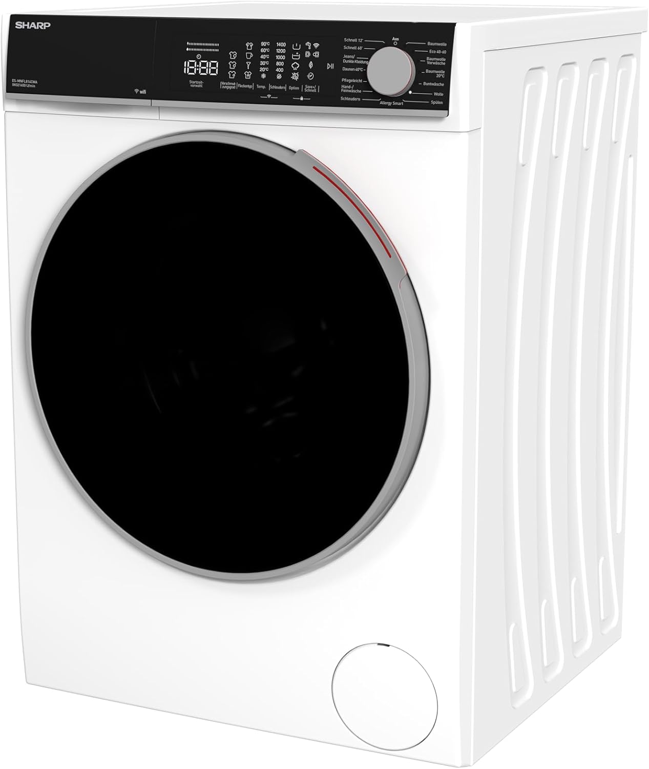SHARP ES-MNFL814CWA-DE Waschmaschine Frontlader | 8 kg | Energieeffizienzklasse A | 1400 U/min | Inverter Motor | AquaStop | Microfiber-Filter | WiFi-Steuerung | Dampf-Funktion | LED-Display