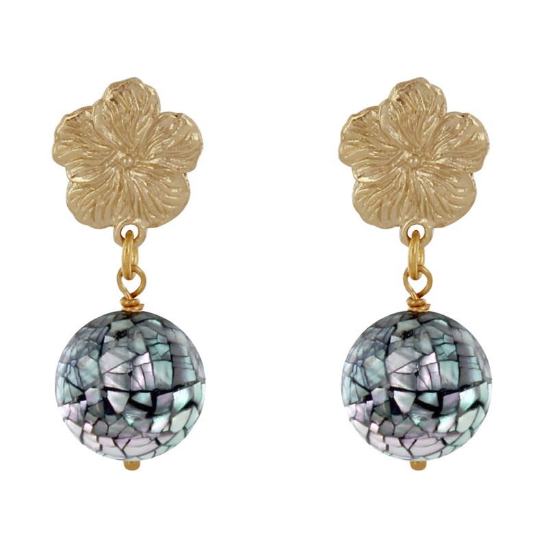 Boucles d'Oreilles Clous Métal Doré Fleur et Perle de Nacre Facettée