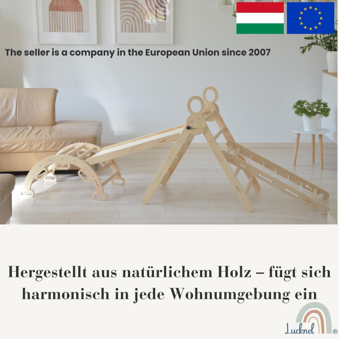 5-in-1 Montessori Klettergerüst Indoor Set – Pikler Dreieck, Kletterbogen, Kletternetz und Indoor Rutsche mit doppelseitiger Rampe – Indoor Spielplatz ab 1 Jahr, naturbelassenes Holz
