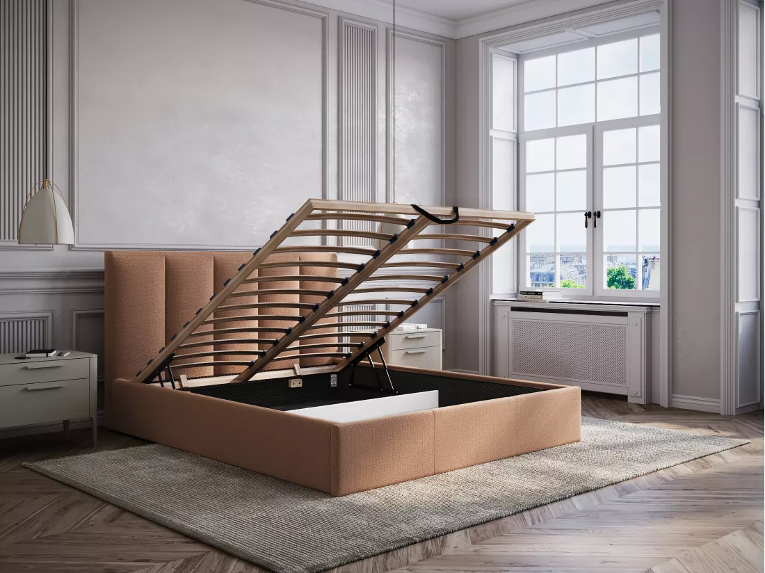 Lit coffre 180 x 200 cm avec tête de lit coutures verticales - Tissu - Terracotta - Avec matelas - KILACLO