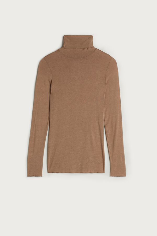 Camiseta de manga comprida com gola alta em cashmere modal ultraleve