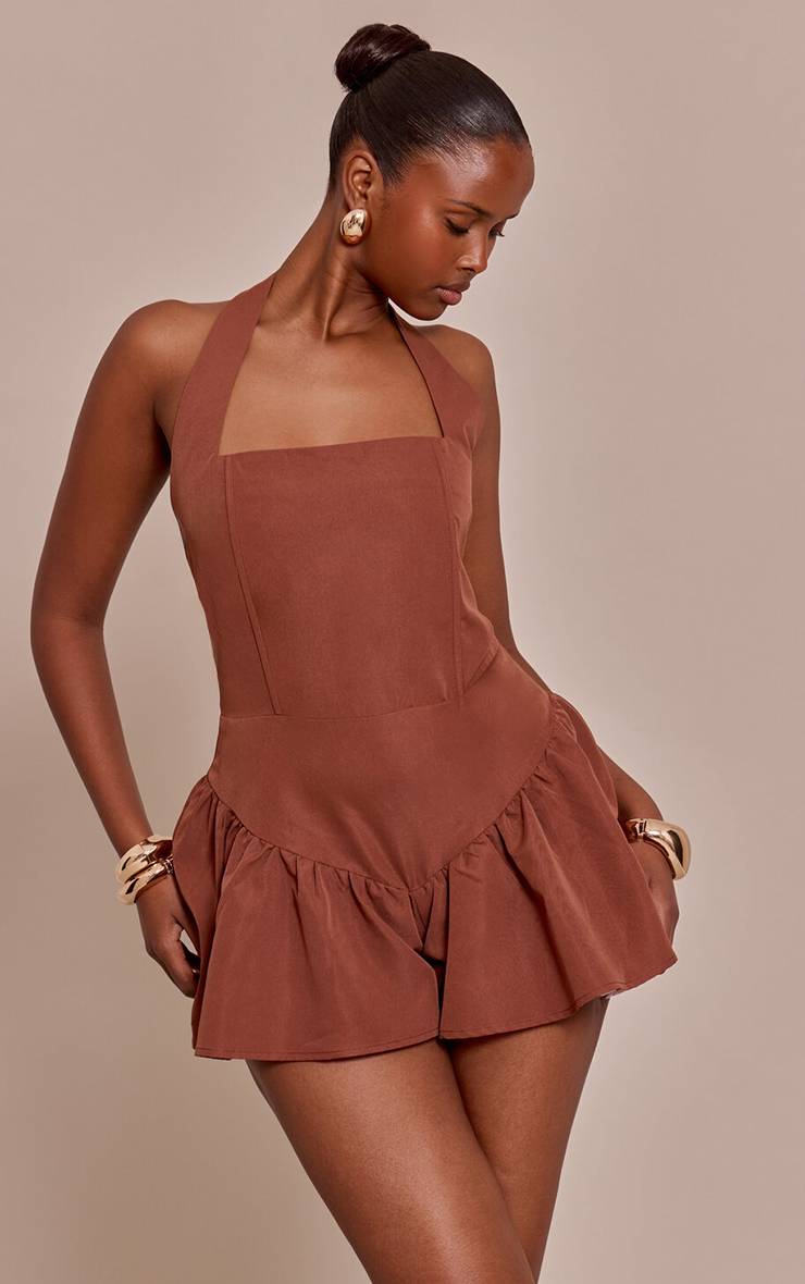Chocolat Combishort Fluide À Col Licou Et Taille Basse