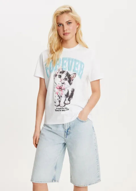 T-shirt met print kat wit (WIT)