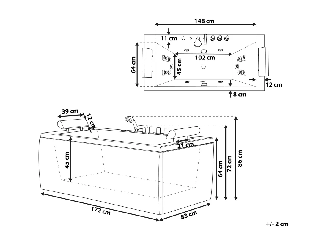 Baignoire balnéo blanche 172 x 83 cm avec LED MONTEGO