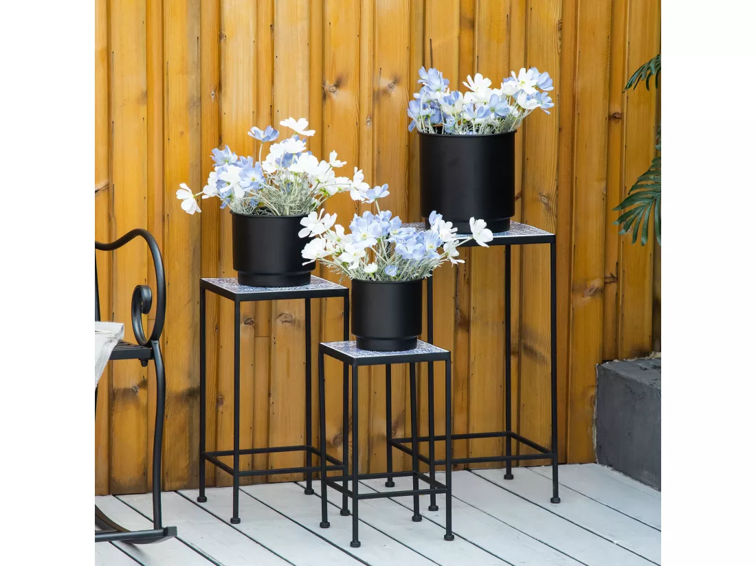 Support pots de fleurs 3 pièces - lot de 3 étagères à fleurs - portes plantes empilables - métal époxy plateaux carreaux céramique bleu