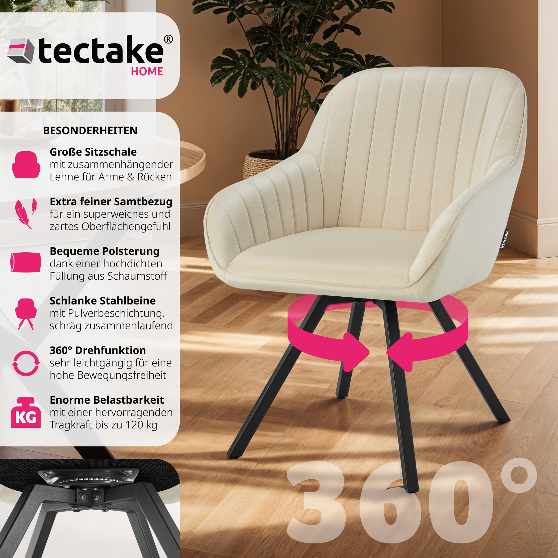 tectake® Drehbarer Armlehnstuhl , gepolstert, in Samtoptik, 360° drehbar, schlanke Stahlbeine, 58 x 58 x 82 cm