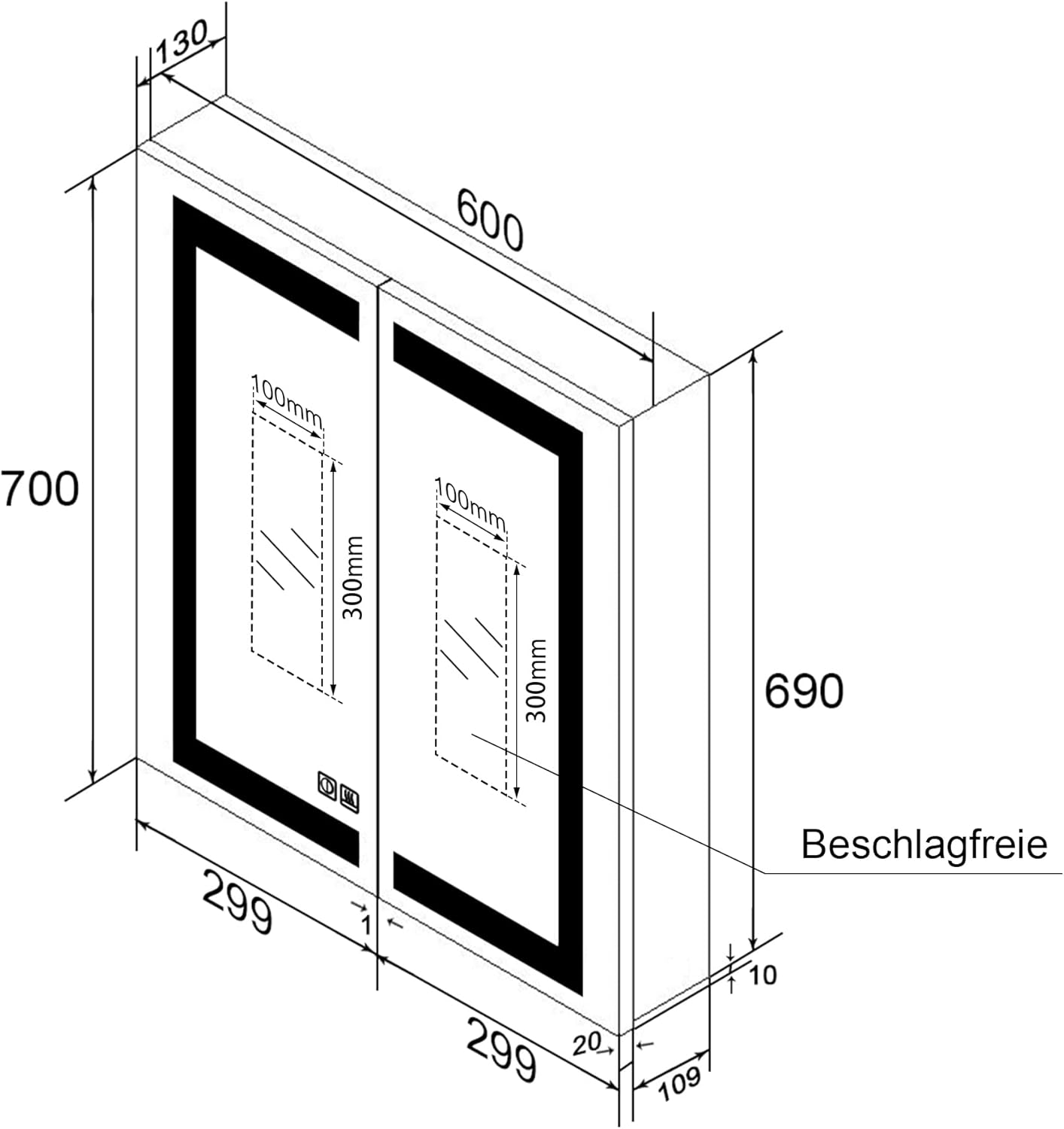 SONNI Spigelschrank mit Beleuchtung 60x70cm beschlagfrei Badspiegelschrank mit Rasiersteckdose und Touch-Schalter Edelstahl Badezimmer-Spiegelschrank