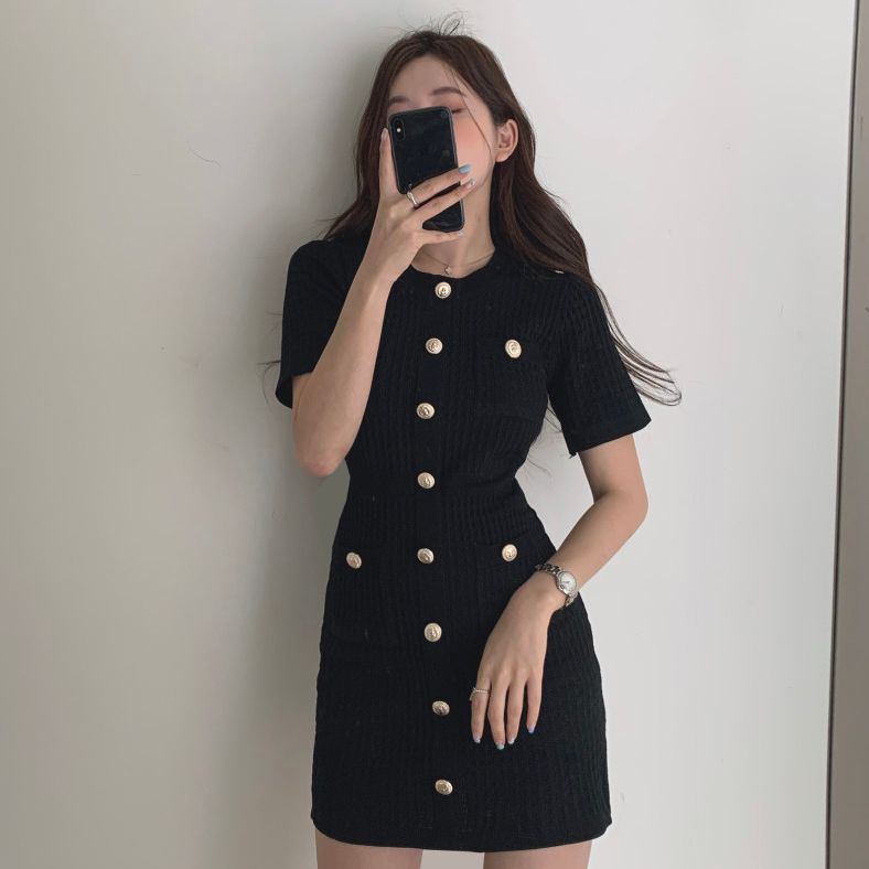 PINPI - Bodycon gebreide jurk met korte mouwen en contrasterende rand