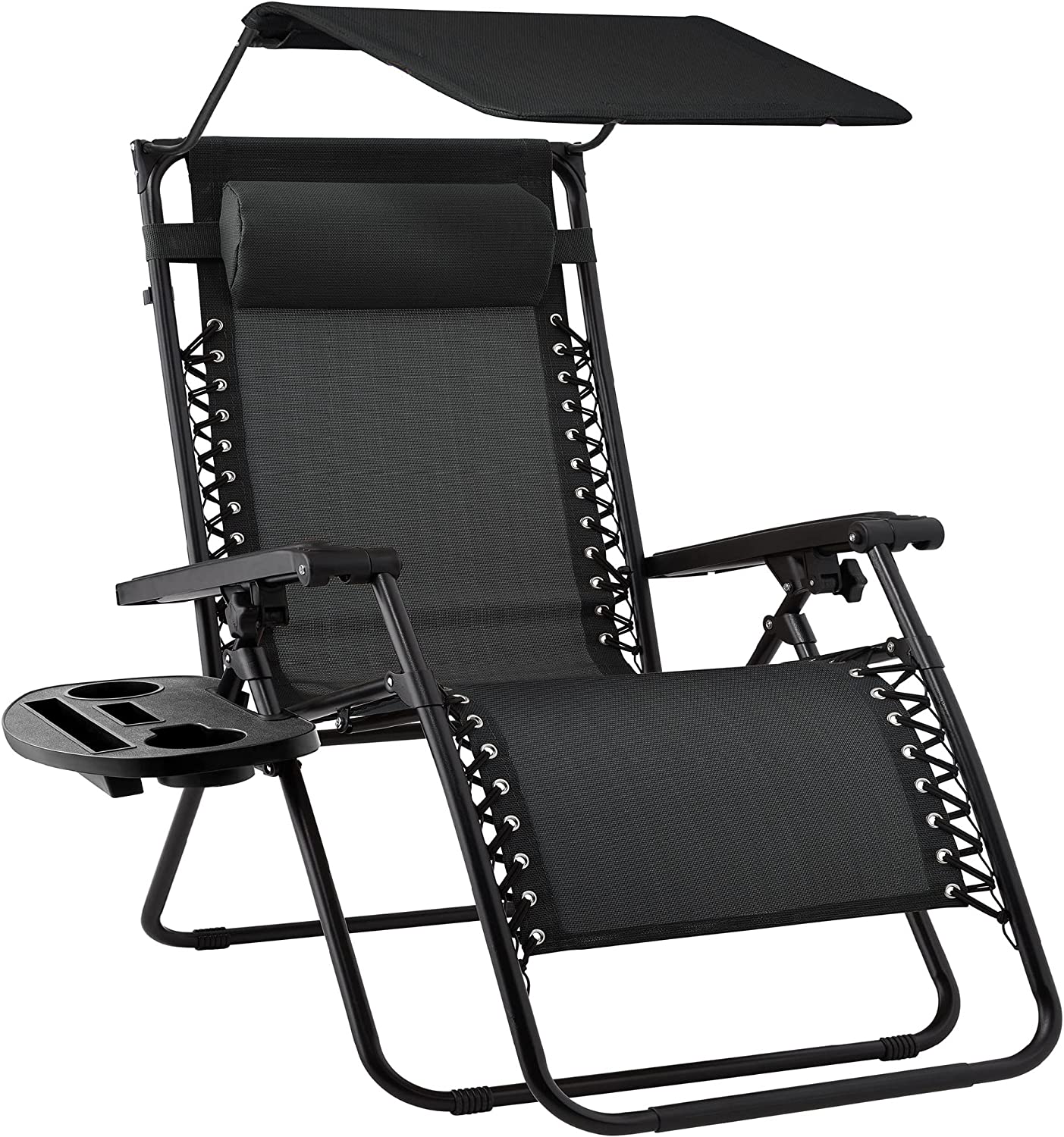 Folding Zero Gravity Outdoor Recliner Patio Lounge Chair w/Adjustable Canopy Shade, Headrest, Side Accessory Tray, Textilene Mesh - Beige