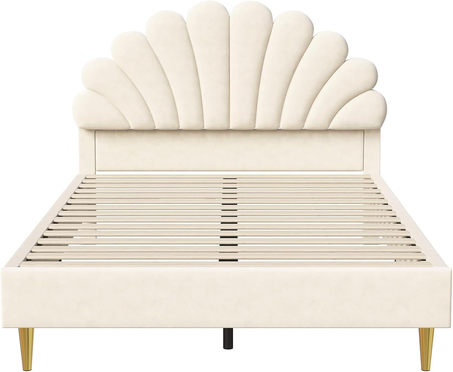 Kinderbett Polsterbett 140x200 cm, Bettgestell für Mädchen mit geblümtem Kopfteil und Lattenrost, Samt Doppelbett muschelartiges Bett mit goldenen Eisenbeinen, ohne Matratze (Beige)
